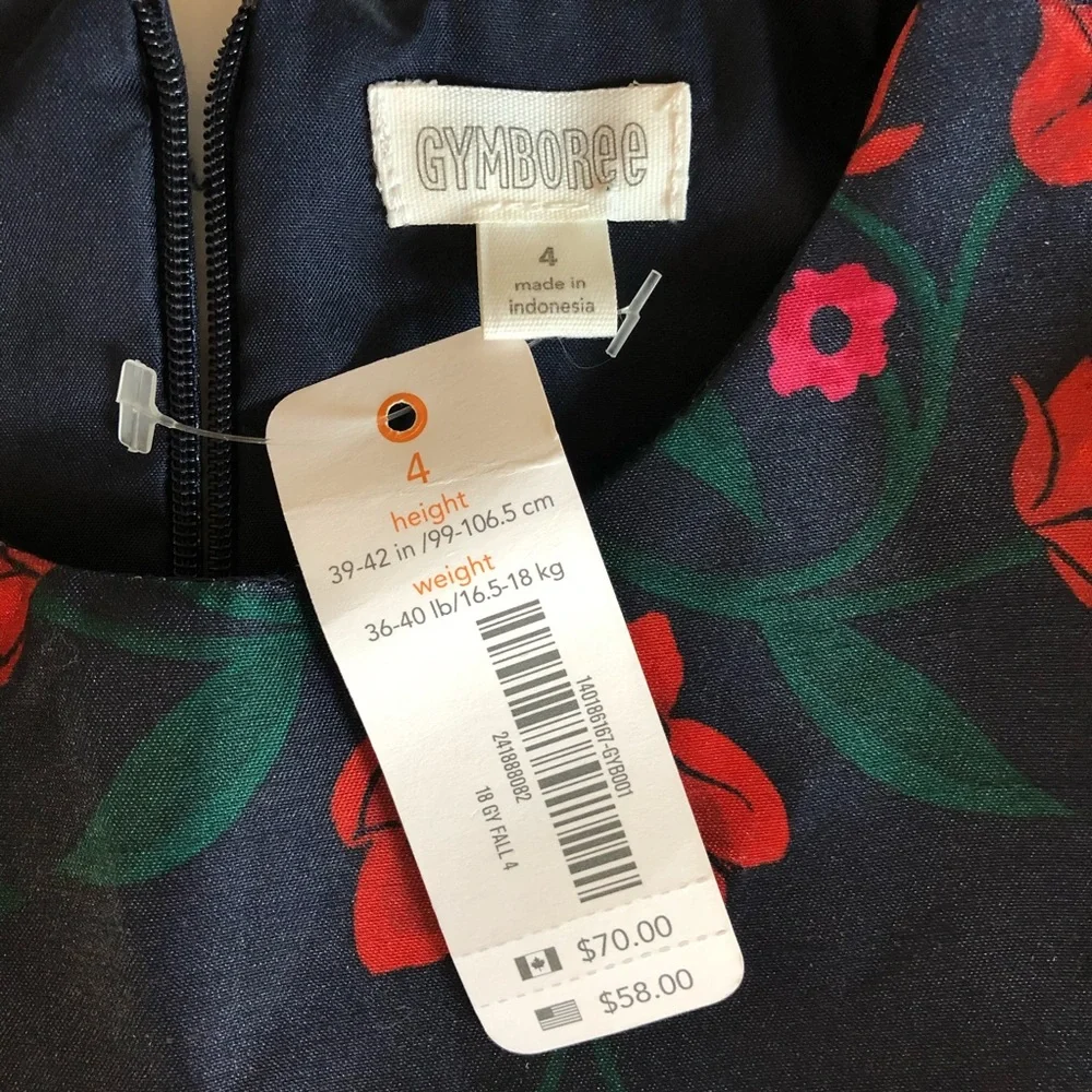 NWT Gymboree Red Black & Green Floral Party Dress / Size 4